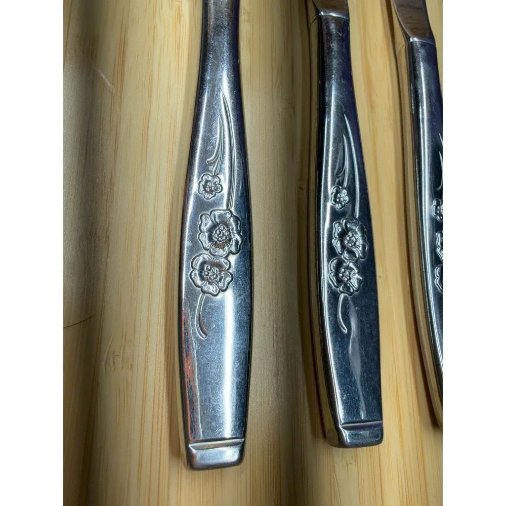 Vintage Floral Stainless Steel Steak Knives Set of 6 Serrated 9 Inch